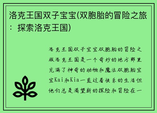 洛克王国双子宝宝(双胞胎的冒险之旅：探索洛克王国)